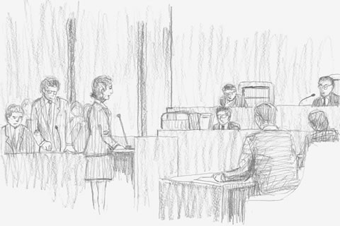 被告側席のうしろから、証言台・原告側席・裁判官や記録者の席が奥行きを持って描かれている。原告側席では弁護士が立って質問し、証言台に立つ大村まりなさんがそれに答えている場面