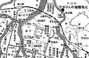 平井園子さんの被爆地点を示す広島市の地図。爆心地から1キロ、1.5キロ、2キロの同心円も描かれている。2キロの同心円のすぐ外、川の近くに平井さんの被爆地点が示されている。
