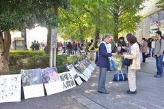 上野公園ないで、道沿いに「原爆と人間展」パネルを並べてある。参加者がその前に立って署名を訴えている。足を止めて署名をしている人がいる。