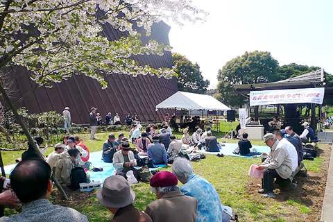 第五福竜丸展示館前、大島桜の咲く芝生の広場にシートを広げてすわる参加者たち。