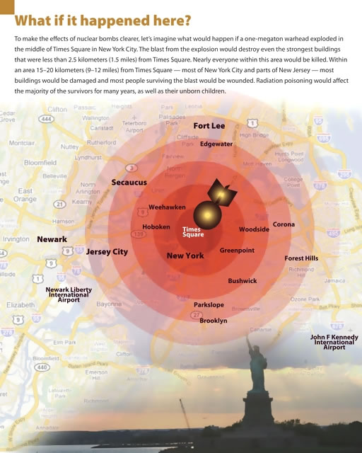 国連で展示したパネルその1。ニューヨーク市の地図に、中心地タイムズスクエアを爆心とした同心円を描く。上部には英文による解説。