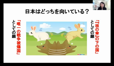 「日本はどっちを向いている？」と題され、左側に「『核の傘』の下の国」としての顔、右側に「唯一の戦争被爆国」としての顔、の文がある。中央に配されたイラストは、右と左にそれぞれ逃げようとする2匹のウサギと、どちらを追うか迷うように左右を見るオオカミと思われる動物。