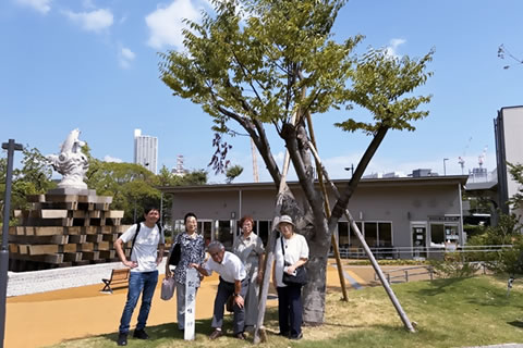 1本のケヤキの木の前に、5人が立ってカメラのほうを向いている。木のそばに標柱が立っている。ケヤキの木は3本の支柱が付けられている。