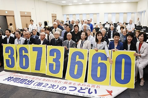 署名提出行動参加者の、室内での集合写真。最前列の人たちは、「3673660」の、1つに１桁ずつ大きく印字された1メートルほどの高さのボードを立てて持っている。その手前の床に、「日本政府に核兵器禁止条約への署名・批准を求める署名 共同提出（第2次）のつどい」と大きく横書きされた横断幕のような紙が広げておかれている。