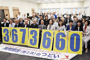 署名提出行動参加者の、室内での集合写真。最前列の人たちは、「3673660」の、1つに１桁ずつ大きく印字された1メートルほどの高さのボードを立てて持っている。その手前の床に、「日本政府に核兵器禁止条約への署名・批准を求める署名 共同提出（第2次）のつどい」と大きく横書きされた横断幕のような紙が広げておかれている。