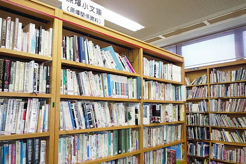ひばりが丘図書館「原爆小文庫」の本棚。大人の背丈より高い本棚が3つ並べられており、本がたくさん置かれている。