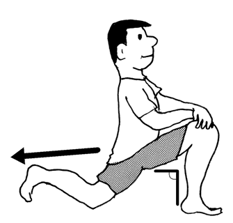 立てた片膝に両手を置き、もう一方の足は後ろにのばし、上体は背筋を伸ばしてまっすぐ前を見ている姿勢の人のイラスト。