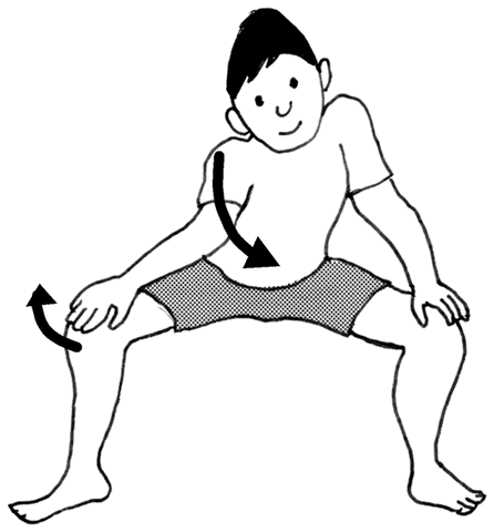 両脚を横に広げて腰を落とし、上体をひねるようにしている人のイラスト。